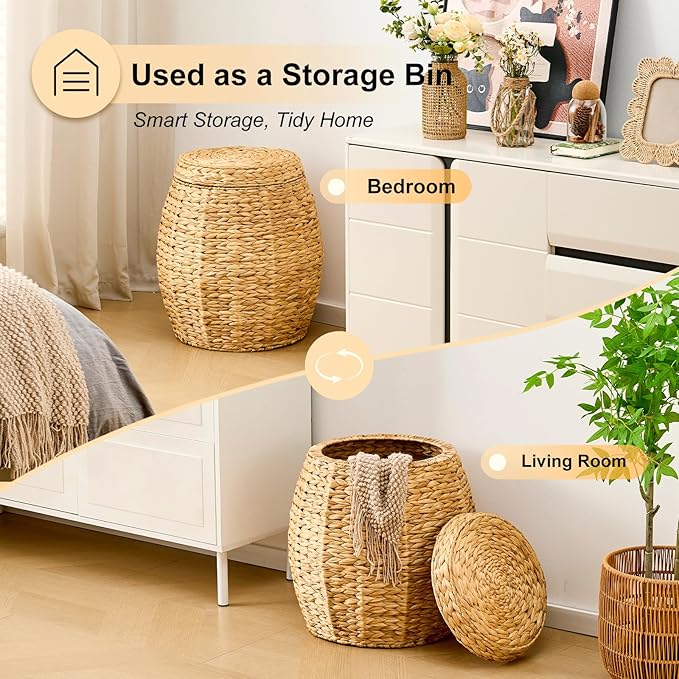 Round Wicker Basket with Lid Handwoven Water Hyacinth Storage Basket Blanket Organizer Basket for Laundry Bathroom Bedroom Living Room Office