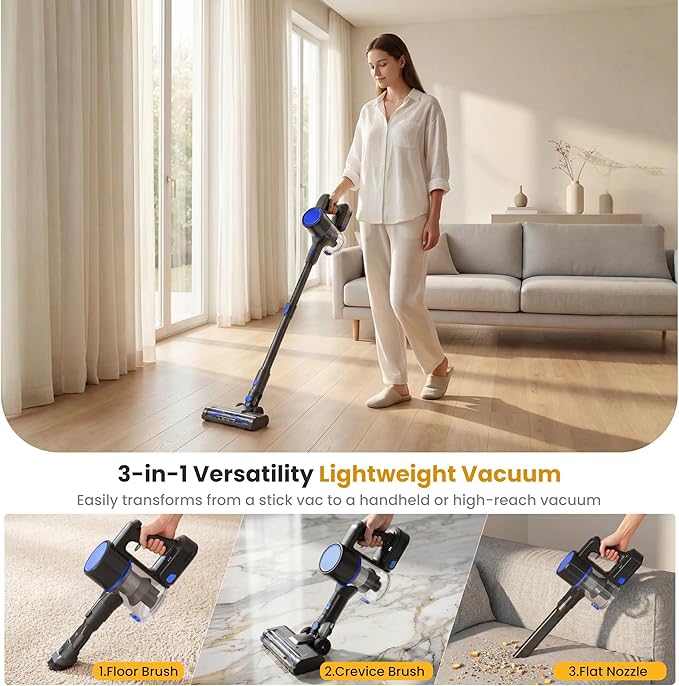 NEWBULIG Cordless Vacuum Cleaner Powerful Stick Vacuum with Flexible Steering &amp Extendable Pole3 Brush Heads 35Mins Runtime Lightweight Wireless for Hardwood Floors &amp Carpet Pet Hair Wal