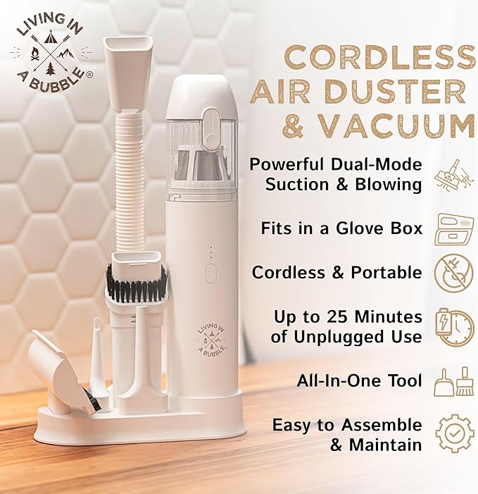 Living in a Bubble Cordless Air Duster &amp Mini Vacuum Set Portable Handheld Wireless Vacuum for Car/Van