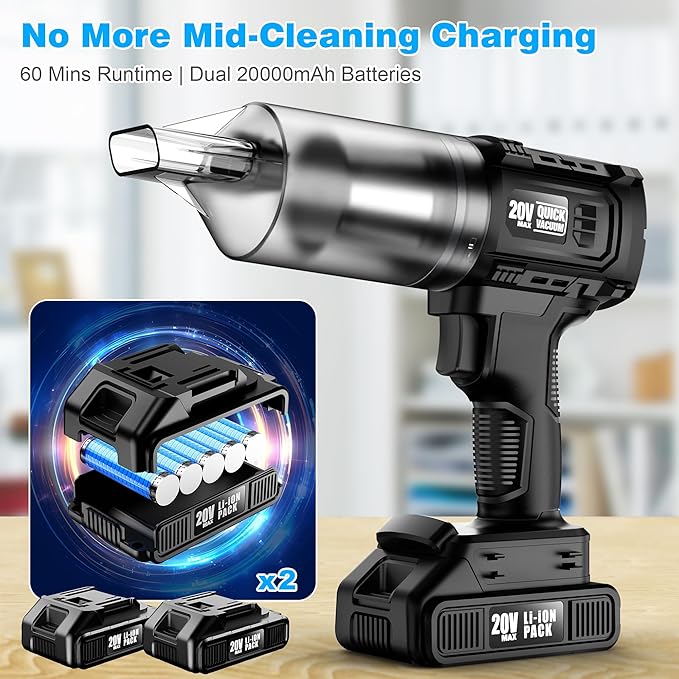 Car Vacuum Cordless 35000PA Strong Suction Handheld Vacuum with 2 Detachable Batteries 60Min Runtime Portable Vacuum Cleaner for Car Detailing Pet Hair Home Couch &amp Office 350ML XL Dust Cup
