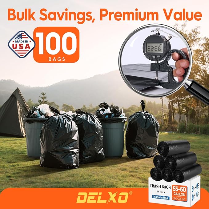 Delxo 55-60 Gallon Trash Bags 100 Count – 0.9 Mil Medium Duty Garbage Bags Durable &amp Puncture-Resistant Plastic Bolsas para basura Perforated Design– Made in USA for Kitchen Yard Office (Blac