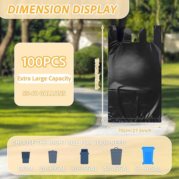 TREWAVE 100 Count 55-60 Gallon Trash Bags with Handles Heavy-Duty Thick Large Black Garbage Bags 50 Mic Jumbo Size Plastic T Shirt Bag for Outdoor Yard Construction Industrial and Commercial Use