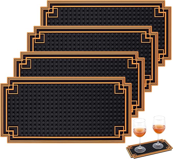 4Pcs 12x6 Inch Bar Mat Non Slip Coffee Bar Mats with Gold Border Cocktail Service Coffee Mats CounterTop Dish Drying Mat for Home Spills Restaurants Counter Whiskey and Espresso