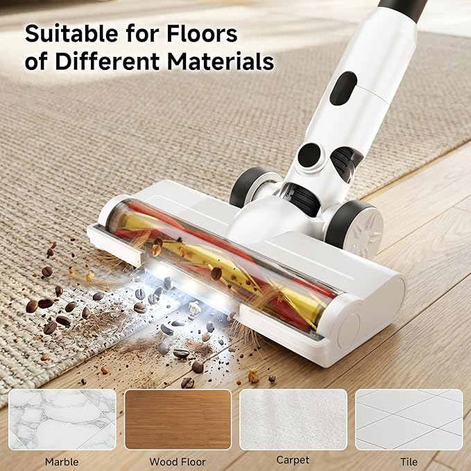 Cordless Vacuum Cleaner for Home - Lightweight Stick Vacuum Clean with Rechargeable Battery Max 45Mins Runtime 8 in 1 Handheld Vacuum for Hardfloor &amp Carpets Pet Hair White&ampYellow