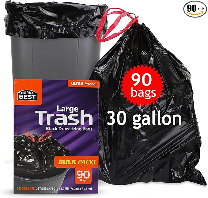 Heavy-Duty Trash Bags – 30 Gallon | 90 Bags - Black Ultra Thick Drawstring Garbage Bags – Leak-Resistant for Home &amp Commercial Use - Big Trash Bags