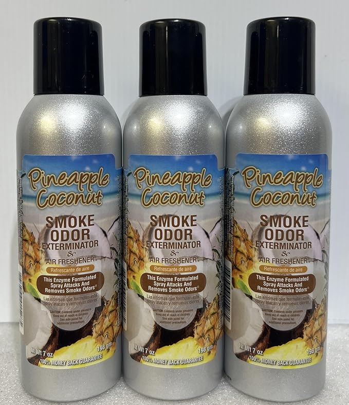 Smoke Odor Exterminator 198 gm/ 7 oz Large Spray Pineapple Coconut Set of Three Cans.