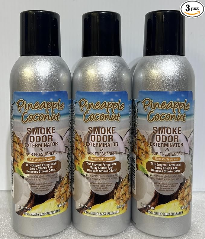 Smoke Odor Exterminator 198 gm/ 7 oz Large Spray Pineapple Coconut Set of Three Cans.