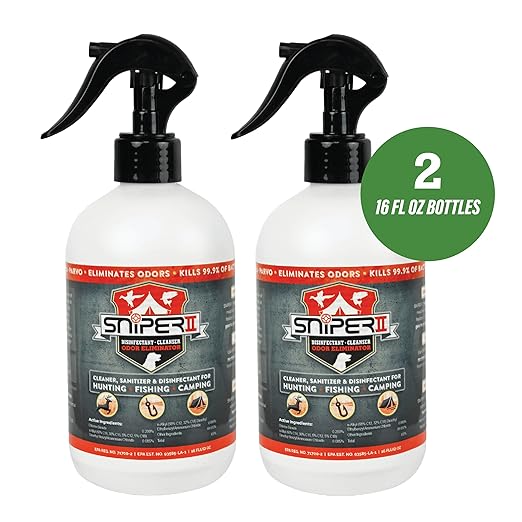 SNiPER II Disinfectant Cleanser and Odor Eliminator Cleaner for Outdoor Disinfecting Purposes Use for Hunting Fishing and Camping Made in the USA 16 Ounce Spray Bottle 2-Pack