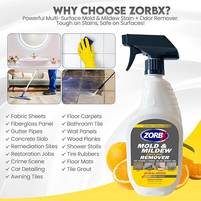 ZORBX Extra Strength M&ampM Remover and Cleaner - Bleach Free Cleaner Spray | Scrub Free Formula | All-Purpose Odor Remover for Carpet Bathroom Walls Wood Shower and Car - 24 FL Oz + 128 Fl Oz