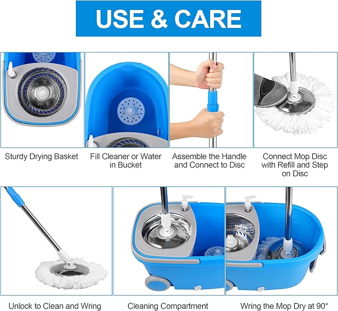 Mop Bucket with Wringer Set Extended Stainless Steel Handle 3 Microfiber Replacement Mop Head Refills 2 Wheels for Household Cleaning Hardwood Floor Tiles Blue/Gray