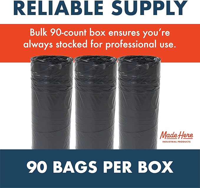 Made Here 30 Gallon Heavy Duty Commercial Trash Bags with Drawstring – Black Waste Can Liners for Office Janitorial and Facility Use Leak-Resistant 90 Count