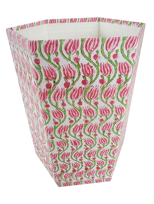 Floral Hand Block Printed 3.3 Gallon Decorative Waste Basket – Eco-Friendly Cardboard Trash Can Plastic-Free &amp Sustainable Perfect for Christmas and Housewarming Gifts (1 Pink Green LHARIYA)