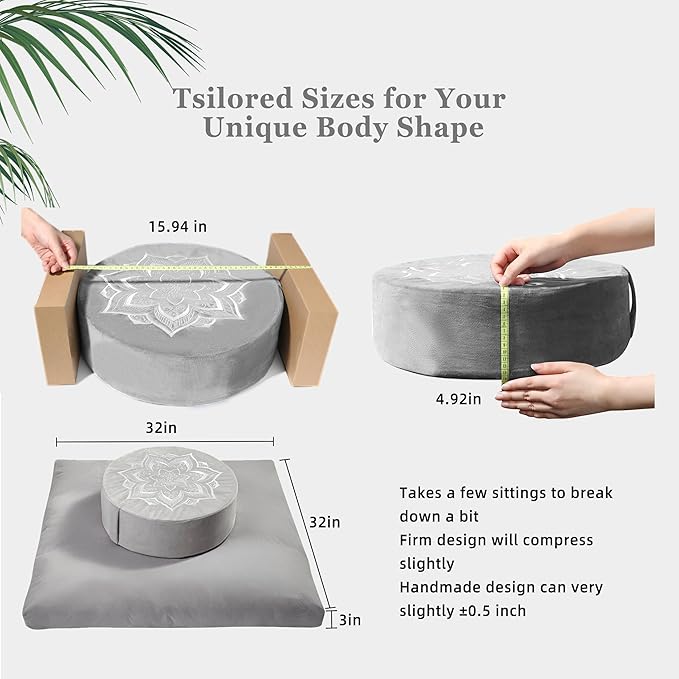 Meditation Zafu Cushion Set with Buckwheat Hulls &amp Memory Foam - Ergonomic Support for Yoga &amp Sitting - Removable Machine-Washable Luxury Velvet Cover - for Adults and Kids (Grey)