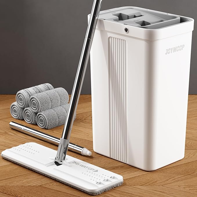 JOYMOOP Mop and Bucket with Wringer Set White Flat Squeeze Mop Bucket Set for Floor Cleaning Wet Dry Mops for Walls Wall Cleaner with Long Handle Hardwood Floor Mop-5 Microfiber Cloths