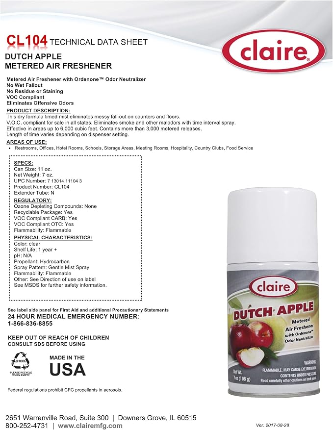Claire CL104-12pk Dutch Apple Metered Air Freshener 7 Oz. Net Wt. 12 Count