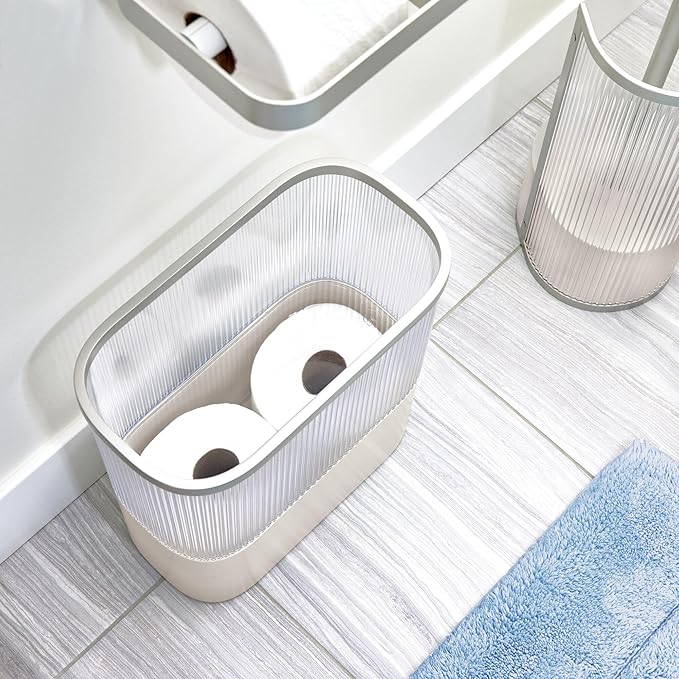 iDesign Fluted Plastic Bathroom Trash Can with Storage for Toiler Paper - Clear/Satin/Gray