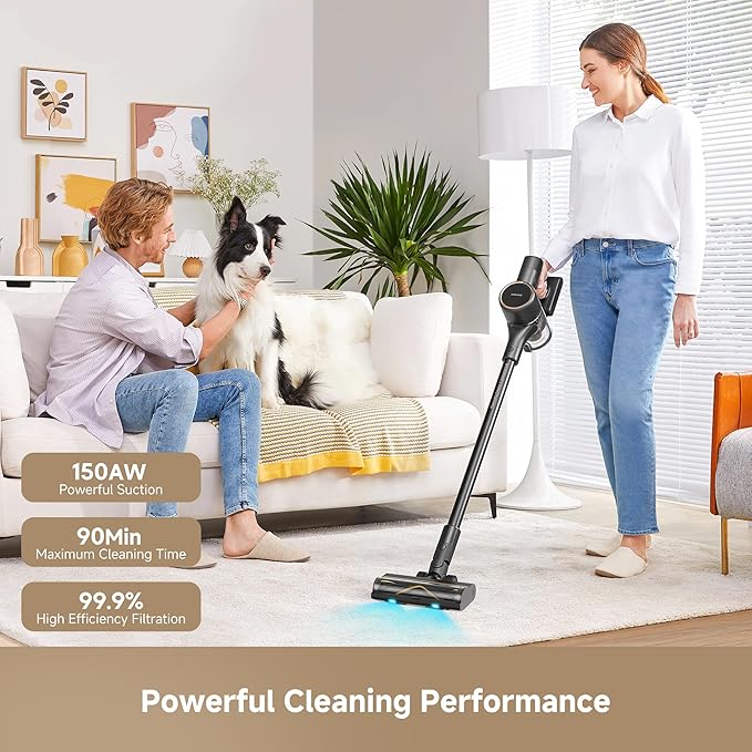 DREAME Cordless Stick Vacuum R20 Pure 150AW Powerful Suction Celeste LED Illumination Anti-Tangle Hard Floor &amp Carpet Cleaning Up to 90Min Runtime LED Screen Lightweight Versatile Attachme