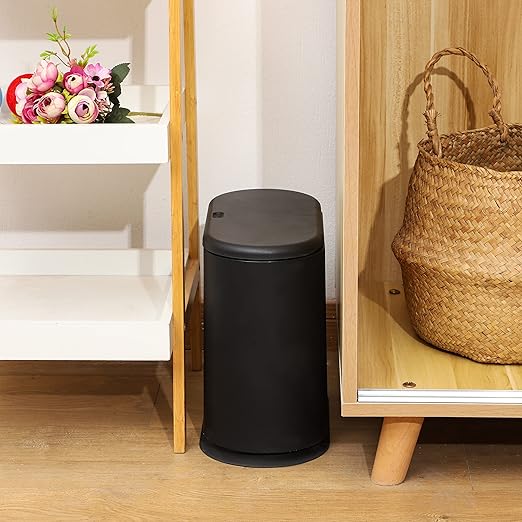 12L Black Slim Bathroom Trash Can with Press Top Lid3.17 Gallon Pet/Dog Proof Kitchen Trash CanThin Garbage CanCovered WastebasketNarrow Small Plastic Trashcan for Craft RoomBedroomOfficeDorm