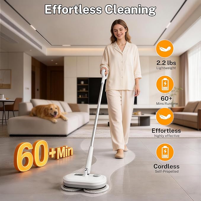 Cordless Electric Spin Mop with 220 RPM High Speed Motor for Hardwood Tile Laminate and Vinyl Floors with 4 Gray and 2 White Pads