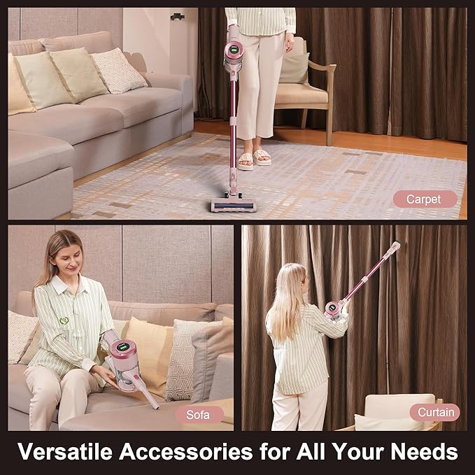 Cordless Stick Vacuum Cleaner 30KPa Handheld Rechargeable Battery Lightweight Small Pink Vac Electirc Broom 40Mins Runtime for Home Hard Floor Carpet Pet Hair Cleaning LED Screen