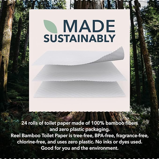 Reel Premium Bulk Bamboo Toilet Paper - 48 Rolls of Toilet Paper - 3-Ply Made From Tree-Free - Zero Plastic Packaging Septic Safe