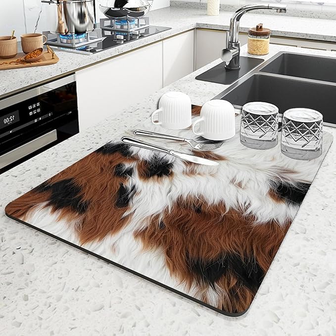 Coffee Bar Mat Super Absorbent Rubber Anti Slip Bottom Striking Cow Anti Stain Coffee Mat for Countertop Large Dish Drying Mat Accessories Suitable for Kitchen Counter Restaurants