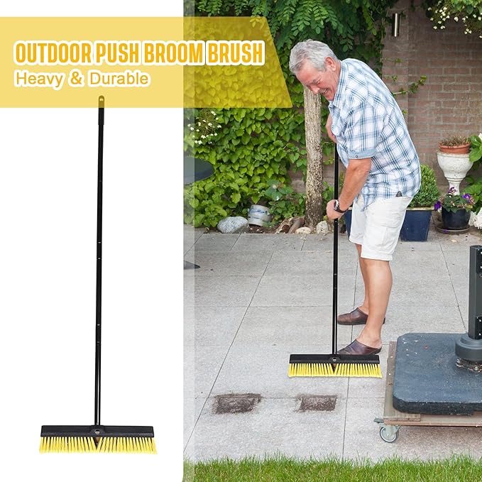 Zhehao 10 Pack 18 Inches Push Broom Outdoor Multi Surface Garden Brush Broom with Adjustable 63 Long Handle for Deck Driveway Patio Warehouse Garage Yard Concrete Floor Cleaning (Yellow)