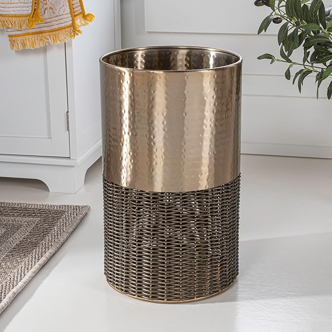 happimess HPM1102A Asher Modern 4.13-Gallon 2-Tone Faux Wicker/Metal Cylinder Waste Basket Bronze/Coffee for Home Bathroom Living Room Office Bedroom Kitchen