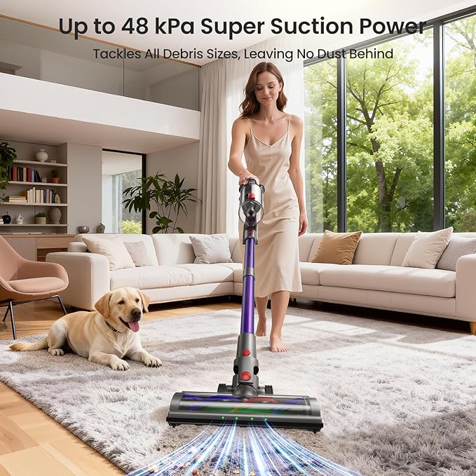 Xlife Cordless Vacuum Cleaner 550W 48KPA Stick Vacuum Cleaners for Home Wireless Vacumm with Self-Standing Anti-Tangle Brush for Hardwood Floor/Carpet/Pet Hair-P12