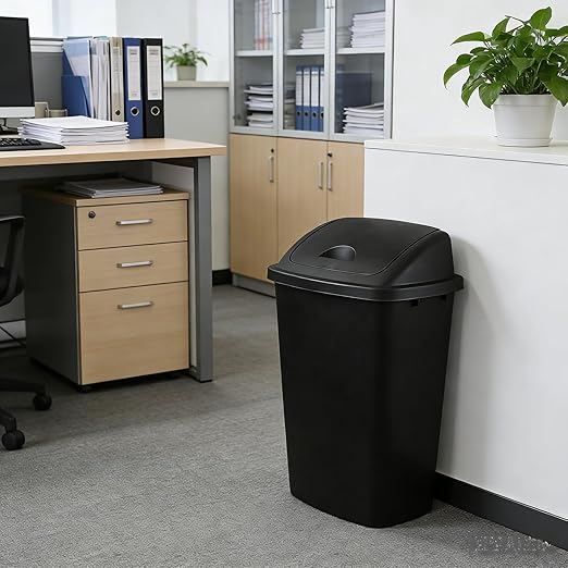 4-Pack 13 Gallon Plastic Swing Top Trash Can Lidded Wastebasket Garbage Can for Kitchen Garage or Workspace Black