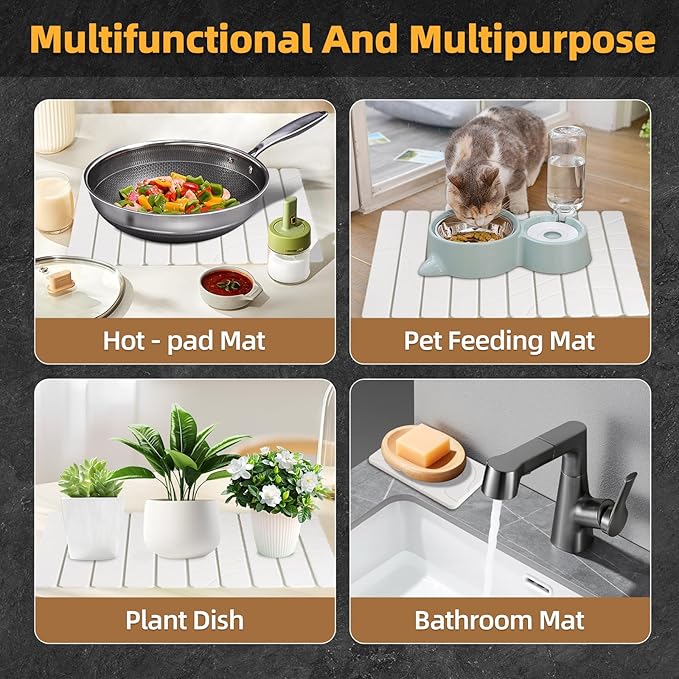 2 PCS Large Stone Dish Drying Mats for Kitchen Counter - Large 24x16 &amp Small 8x4 Dish Drying Mat Fast Drying Collapsible Dish Drying Mat Cups Bottles Match Any Counter Top