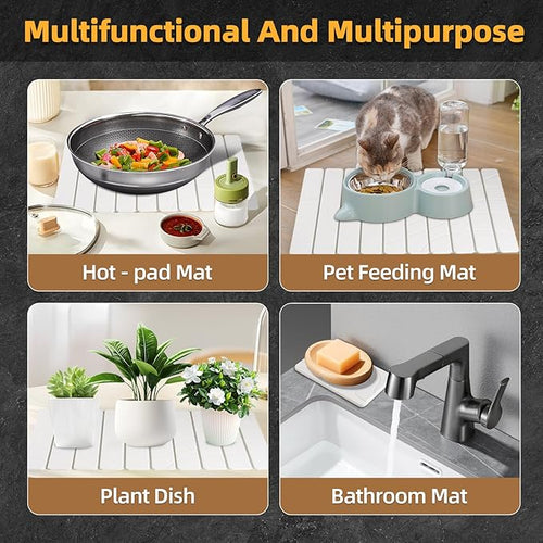 2 PCS Large Stone Dish Drying Mats for Kitchen Counter - Large 24x16 &amp Small 8x4 Dish Drying Mat Fast Drying Collapsible Dish Drying Mat Cups Bottles Match Any Counter Top
