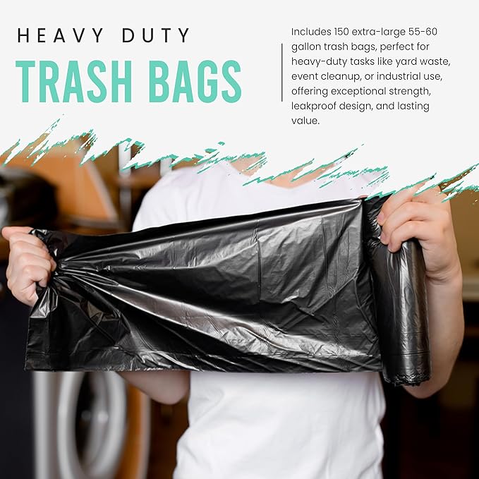Extra Large 55-60 Gallon Trash Bags | 22 Micron Thickness - 150 Count Heavy Duty Black Garbage Bags for Office Lawn Events and More | Durable Leakproof Star Seal | Made in USA