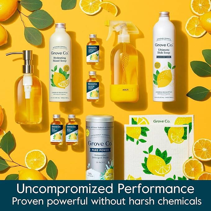 Grove Co. Tub and Tile Cleaner Refill Concentrate (2 x 1 Fl Oz) + 1 x Reusable Glass Spray Bottle (16 Oz) Plant-Based Cleaning Supplies Bundle No Plastic Waste Lemon &amp Eucalyptus Scent