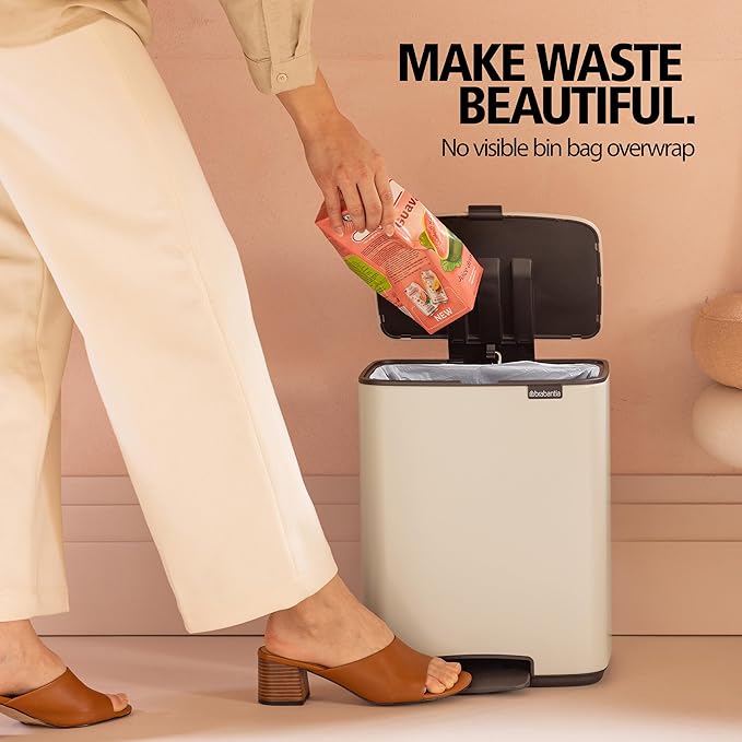 Brabantia Bo Small Step-On Trash Can | 3.2 Gal / 12L | Platinum | Light-Pedal Soft-Close Bedroom Bathroom Nursery Trash Can Removable Inner Bucket Non-Slip Base | + Trash Bags