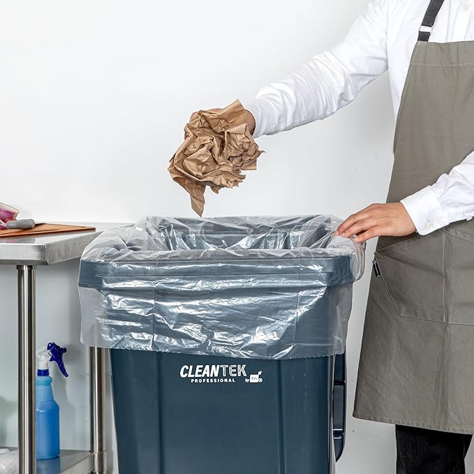 Restaurantware-RW Clean 55 Gallon Trash Bags 100 Light-Duty Garbage Can Liners- Fits 55-60 Gallon Trash Cans Stretchable Clear Plastic Bin liners with Star Seal Bottom