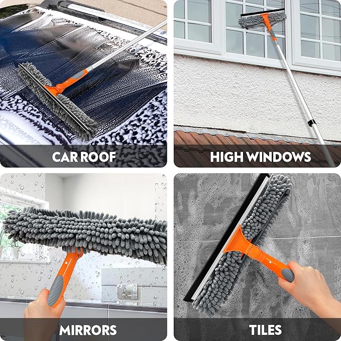 20 Ft High Reach Window Squeegee with 5-12Ft Extra-Thick Aluminum Telescopic Extension Pole| 14 Extra-Large 2-in-1 Window Cleaner Tool| Window Washer for Indoor/Outdoor WindowRVTruck Glass