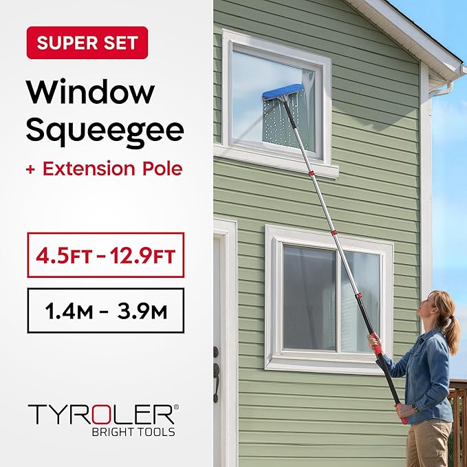 Tyroler Professional Window Squeegee with Extension Pole | 4.5-12.9ft Squeegee for Windows Cleaning | Outdoor Window Cleaner Tool Windows Washing Kit with Extension Pole | Window Cleaning Kit
