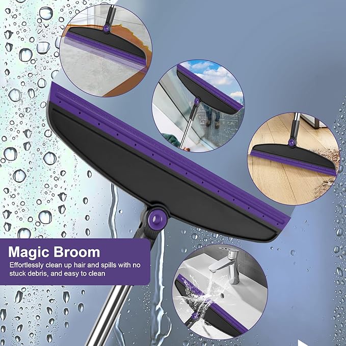 Broom with Dustpan Combo Set and Silicone Air Broom Kit 51 Long Handle Floor Squeegee Purple Household Kit for Glass Window Rugs Pet Hair Home