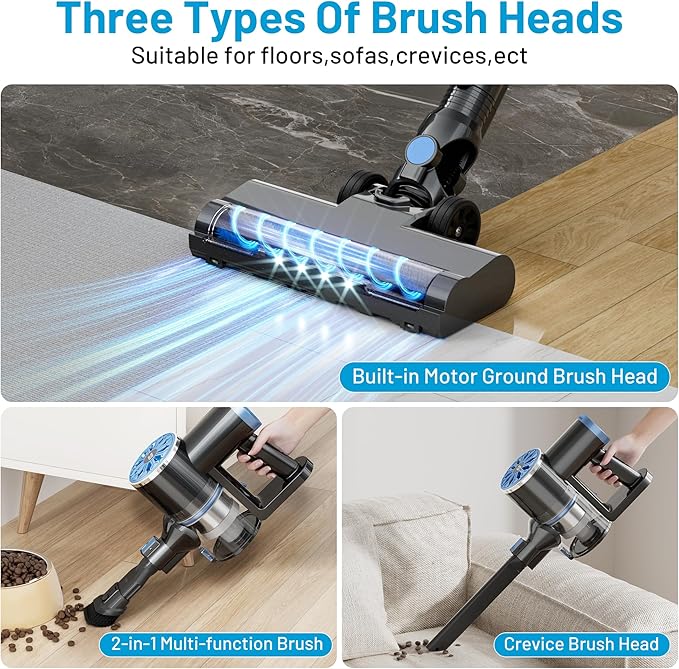 Cordless Vacuum Cleaner with Self-Standing LED Screen Stick Vacuum Cleaners for Home Lightweight Powerful Suction Vacuum 6-in-1 Rechargeable Vacuum for Carpets Pet Hair Hardwood Floors