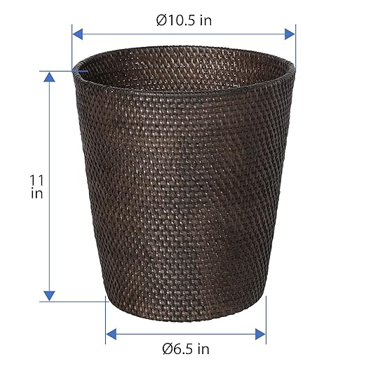 KOUBOO Loma Round Rattan Paper Waste Basket Trash Can Bathroom Garbage Bin Bedroom Kitchen Office Home Desk Small Wicker Bin for Waste Paper Espresso