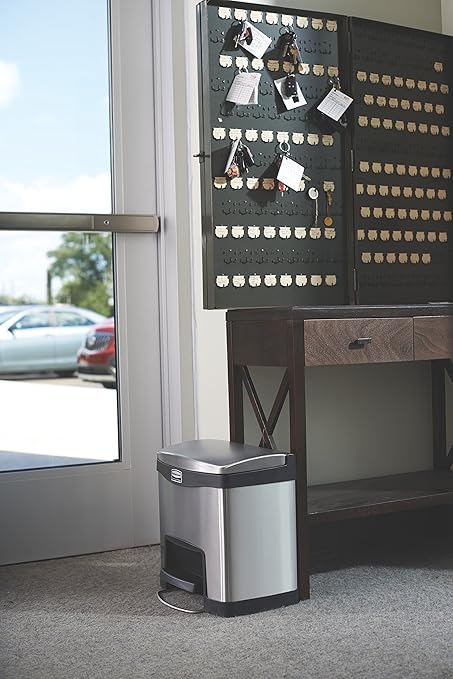 Rubbermaid Commercial Products Slim Jim Front Step-On Trash Can 4-Gallon Black Stainless Steel Hands-Free Garbage Can/Container for Home/Kitchen/Office/Restaurant