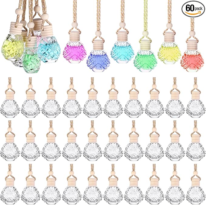 60 Pcs Hanging Car Air Freshener Car Diffuser Bottle Empty Glass Perfume Bottles Air Freshener Diffuser Bottle Pendant for Essential Oils Fragrance Aromatherapy Ornament Decor (Shell)
