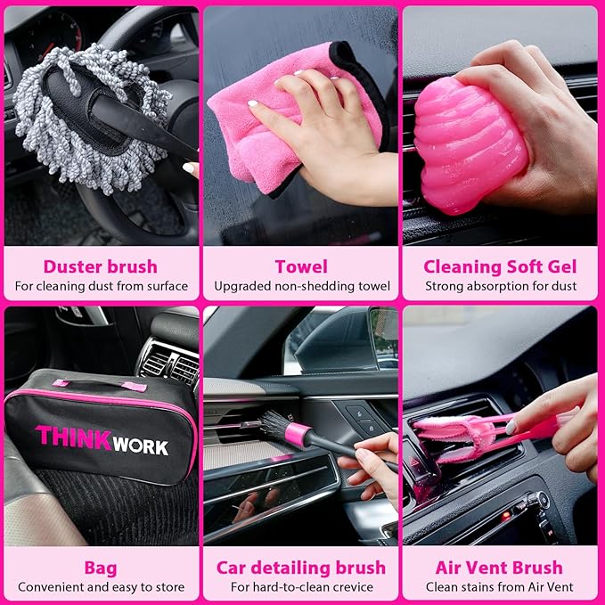 THINKWORK Car Detailing Kit Interior Cleaner Car Cleaning Kit with 8000PA Cordless Pink Handheld Vacuum Cleaner Car Interior Detailing Brush Set Pink Car Accessories Gift for Women
