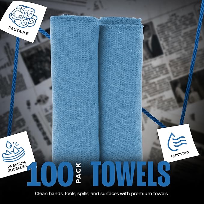 Utopia Towels Cotton Shop Towels 12x14 Inch 100 Pack Soft Absorbent Reusable Cotton Rags Durable and Multipurpose Cleaning Shop Towel for Auto Garage Bar &amp Home Cleaning (Blue)