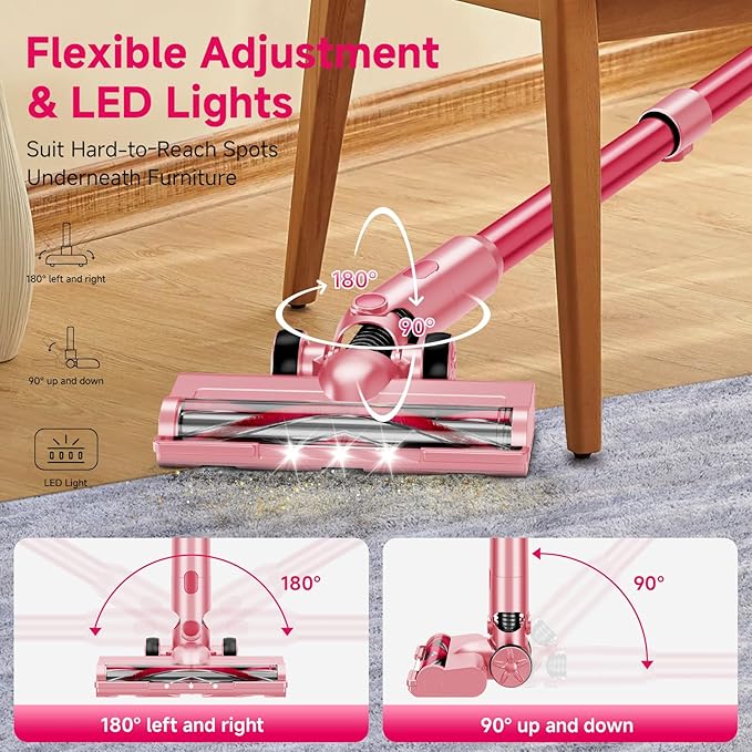 Cordless Vacuum Cleaner55Mins/Powerful Vacuum Cleaners for HomeStick Vacuums with 8 in 1Touch ScreenLED Headlights Anti-TanglePet HairPink