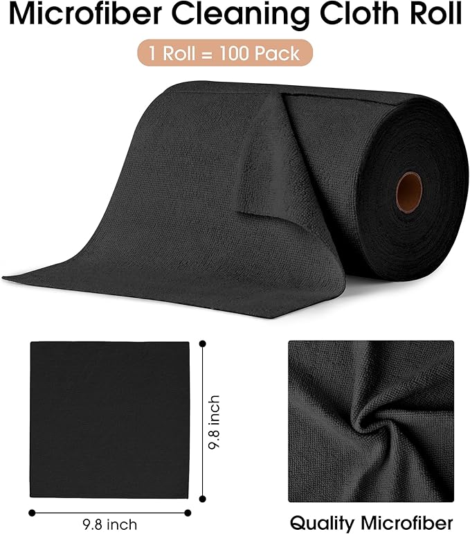 KitchLife Microfiber Cleaning Cloth Roll 100 Pack - Tear-Away Microfiber Paper Towels Lint-Free Reusable Washable for Kitchen Car Dishes and Sensitive Surfaces (Black)