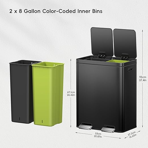 EKO Edison 8+8 Gallon Dual Trash Can for Recycling and Trash Stainless Steel Kitchen Step Can with Dual Removable Inner Bucket Independent Lids and Pedals Black