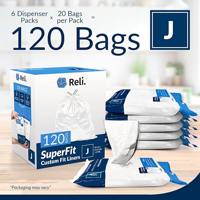 Reli. SuperFit Code J (120 Count) | Compatible with Simplehuman Code J | Dispenser Pack Custom Fit Liners | Drawstring Trash Bags | 30-45 Liter / 8-12 Gallon | White