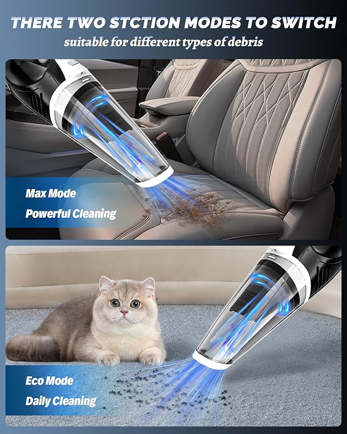 BRL Handheld Vacuum Cordless Car Vacuum Cleaner with Powerful Suction 2 Modes Mini Hand Vacuum Dry &amp Wet LED Light Portable Vacuum for Car Pet Hair Home Office Keyboards White Sliver